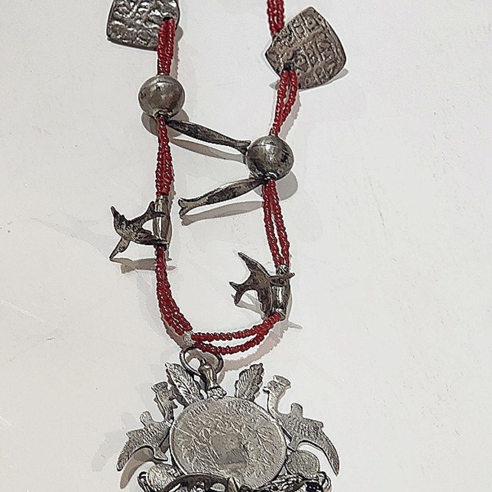 19th Guatemala Chachal 1 Peso Silver & Real Coin Coral Charm Necklace